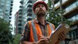 © Best - Foreman on Construction Site: In a hard hat and vest, he inspects blueprints with a clipboard, giving clear instructions to workers, his demeanor assertive and professional.
