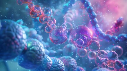 Poster - Abstract molecular structure formed by interconnected transparent bubbles with vibrant colors and a shimmering, futuristic feel.