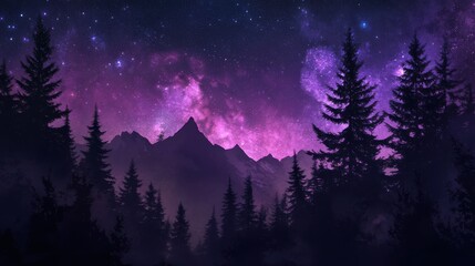 Majestic Mountain and Pine Forest Silhouette Against a Starry Night Sky
