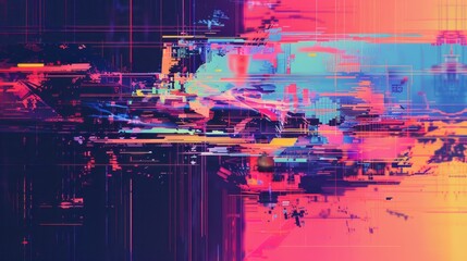 Digital glitch frame with pixelated screen display error, abstract distorted background with vibrant rgb noise and static interference, perfect for tech themes, cyberpunk concepts, and futuristic visu