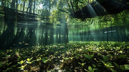 Wall Mural - Underwater of a mangrove forest. Sunlight streams through the water, illuminating the intricate root systems and the lush greenery below.