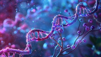 Poster - 3D illustration of a DNA double helix with sparkles against a blue and purple background.