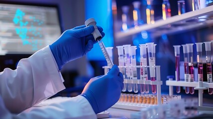 Poster - scientist in a lab coat and blue gloves carefully pipettes liquid from one test tube to another in a