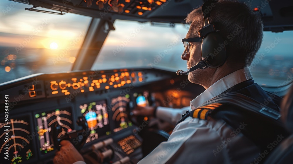 Pilot With Instruments Professional Pilot: In his uniform, the airline pilot sits confidently ...