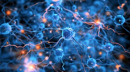 Poster - 3D illustration of a neural network, showcasing a complex web of interconnected neurons, with glowing blue cell bodies and branching dendrites and axons.