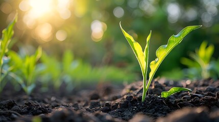 Wall Mural - close-up of a young sprout pushing up through the soil, bathed in warm sunlight. the green leaves ar