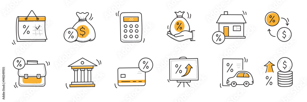 Loan interest rate doodle icon set. Hand drawn sketch doodle line style ...
