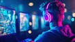 © Mnt - A focused gamer enjoying an immersive experience with headphones, surrounded by vibrant, colorful screens in a modern gaming setup.