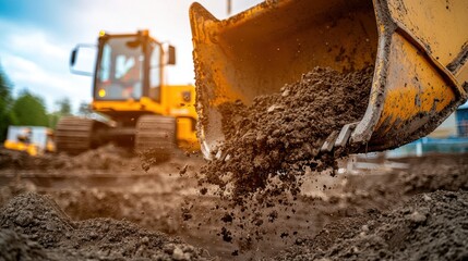 A close-up perspective of a construction vehicle is bucket as it scoops up a load of soil. The focus is on the texture of the soil and the vehicle is mechanical parts, including the hydraulic arms