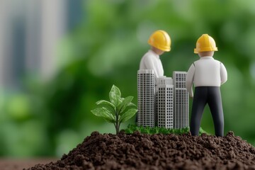 Engineers planning a sustainable building project with a miniature city and growing plant, symbolizing green construction.