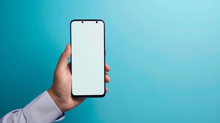 Poster - Male hand holding modern bezel-less smartphone with blank screen isolated on bright blue background, ideal for technology mockups, app design presentations, and mobile device promotions with screen cu