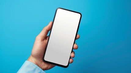 Poster - Male hand holding modern bezel-less smartphone with blank screen isolated on bright blue background, ideal for technology mockups, app design presentations, and mobile device promotions with screen cu