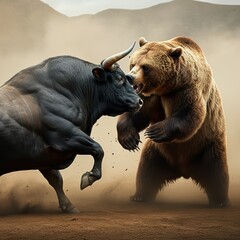 Sticker - A ferocious clash between a mighty bull and a fearsome grizzly bear, surrounded by clouds of dust and debris, their powerful bodies locked in mortal combat, fierce expressions capturing the raw primal