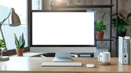 Poster - Modern office desk with blank computer monitor, sleek minimalist setup featuring a white screen on a desktop, surrounded by organized stationery and tech accessories, ideal for website design presenta