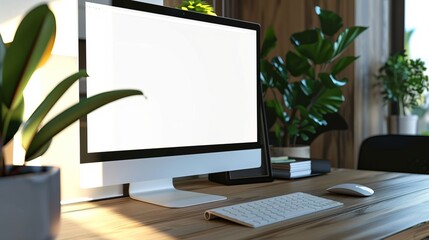 Poster - Modern office desk with blank computer monitor, sleek minimalist setup featuring a white screen on a desktop, surrounded by organized stationery and tech accessories, ideal for website design presenta