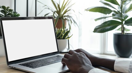 Poster - Mockup image of a blank screen laptop on a white background with hands typing on the keyboard, ideal for advertising text, business contact information, and marketing creative uses in a home office se
