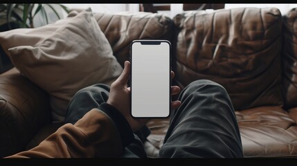 Poster - Mockup of mobile smartphone with blank screen template, close-up of man sitting on sofa holding and looking at phone screen in hand, perfect for showcasing apps, website designs, or mobile interfaces 
