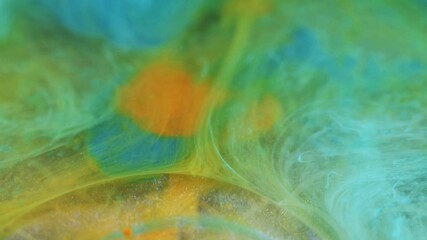 Wall Mural - Ink swirl water. Gradient paint. Defocused blue orange yellow green color splashing bright liquid shimmer emulsion blend flowing water texture abstract art background.