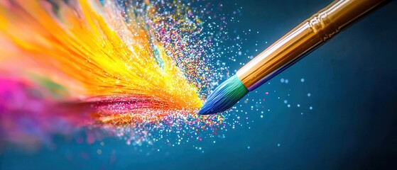 A vibrant paintbrush releasing a burst of colorful paint against a striking blue background, showcasing creativity and art.