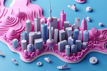 Wall Mural - A 3D Tokyo skyline with soft pastel colors, symbolizing the modernity of Japan.