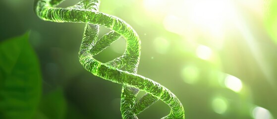 Close-up of a vibrant green DNA strand, symbolizing life, growth, and genetics against a soft light background.