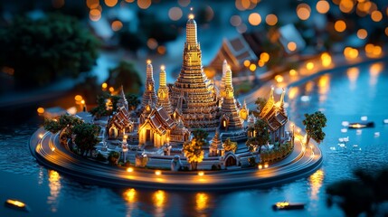 Wall Mural - A 3D Wat Arun temple with soft glowing lights, symbolizing the iconic architecture of Thailand.