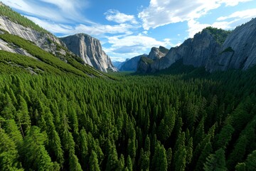 Wall Mural - A 3D Yosemite National Park scene with soft lighting, representing the natural beauty of the United States.