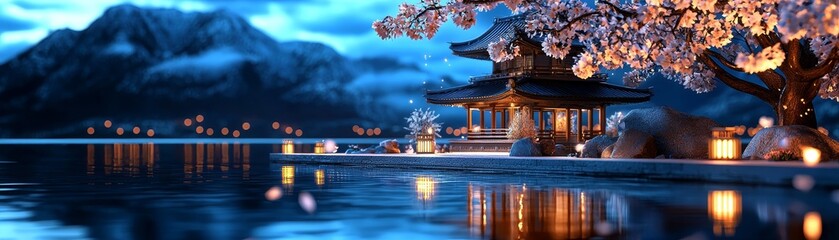 Wall Mural - A 3D pagoda with soft lighting, representing traditional Japanese architecture.