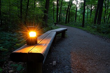 Poster - A serene woodland scene with an amber glow from the setting sun, illuminating the trees and casting a warm light on the path