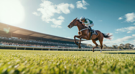 Wall Mural - A racehorse with a jockey is running on the grass track in front of stands full of people