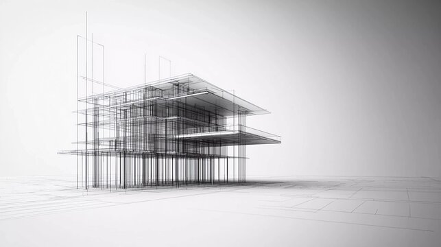 3D illustration abstract modern urban building out-line black and white drawing of imagination architecture building construction perspective design which is very beautiful