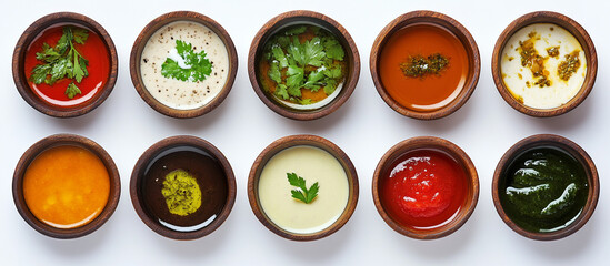 Set of delicious sauces in wooden bowls, isolated on a white background.  Bowls with various types.