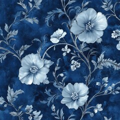 A blue floral print with a blue background. The flowers are arranged in a way that they look like they are growing out of the blue background. The print has a calming and serene mood