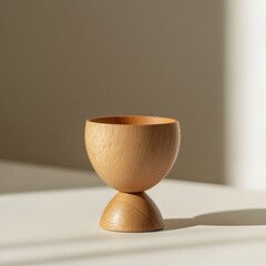 Poster - Wooden Egg Cup Placed at the Center of a Light Isolated Surface Showcasing a Minimalist and Serene Still Life Design