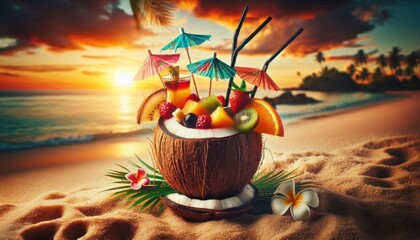 a coconut cocktail beach scene, miniature umbrellas adorning a coconut shell filled with colourful fruity drinks, tropical sunset sky backdrop, thatched umbrella topper, elegant stemware, palm fronds