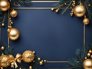 christmas card. frame borders made of gold balls, decorations, fir branches on dark blue background.
