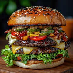 a mouthwatering double cheeseburger layered with two juicy beef patties, cheese, spicy sauce, tomato