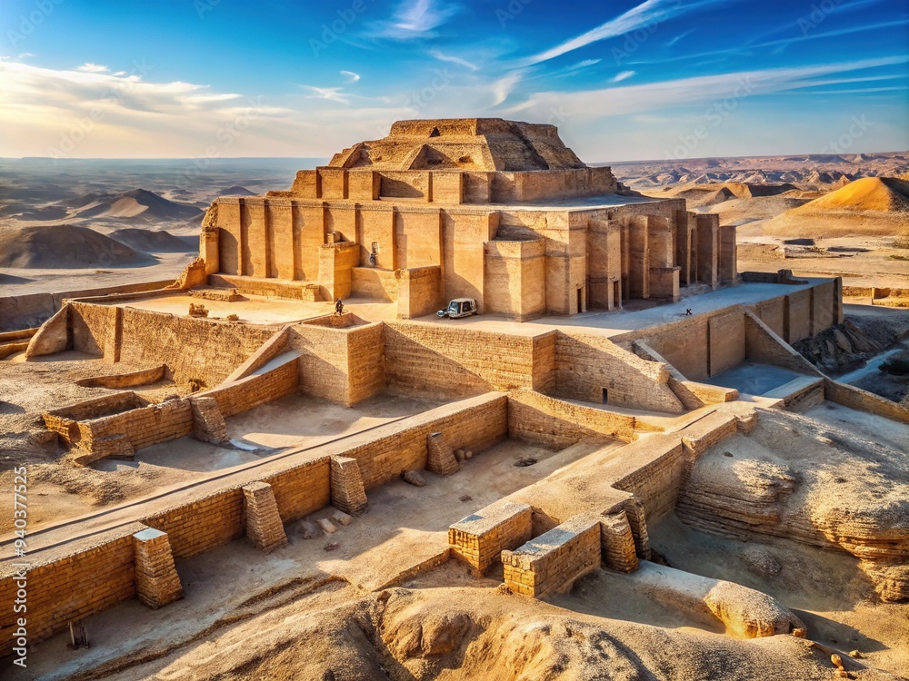 Ancient Mesopotamian temple ruins stand majestically amidst a vast, sun ...