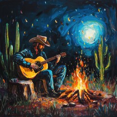 A man in a cowboy hat is playing a guitar by a fire. The painting has a mood of relaxation and warmth