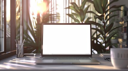 Poster - Modern laptop computer with blank white screen displayed on a sleek office desk table, ideal for business presentations, website design mockups, digital marketing concepts, and professional workspace 