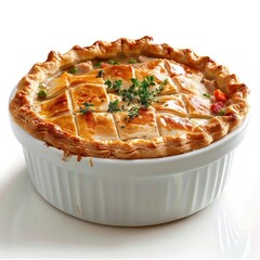 Wall Mural - A delicious looking pot pie sitting in a white crockpot, garnished with fresh herbs.