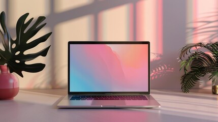 Poster - Mockup of open laptop with customizable screen on minimalist workspace, ideal for web design, digital presentations, and software showcasing - sleek silver laptop display with blank screen for custom 