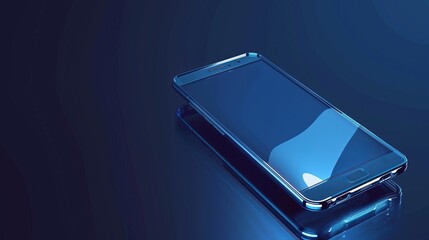 Poster - Realistic modern glass smartphone in perspective view floating above a dark blue surface with smooth reflections, isometric vector illustration of sleek mobile phone design, perfect for mockup templat