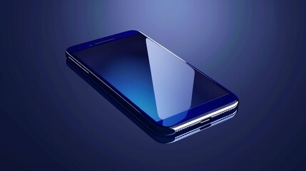 Poster - Realistic modern glass smartphone in perspective view floating above a dark blue surface with smooth reflections, isometric vector illustration of sleek mobile phone design, perfect for mockup templat