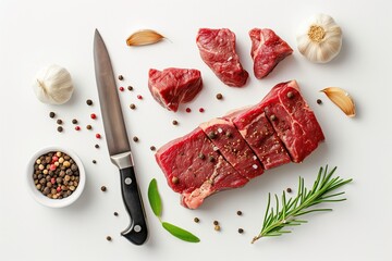 Fresh pieces of steak, herbs, black pepper and knife isolated on white background, top view