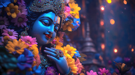 Canvas Print - dreamy scene of Lord Krishna in blue with colorful flowers and leaves around him.