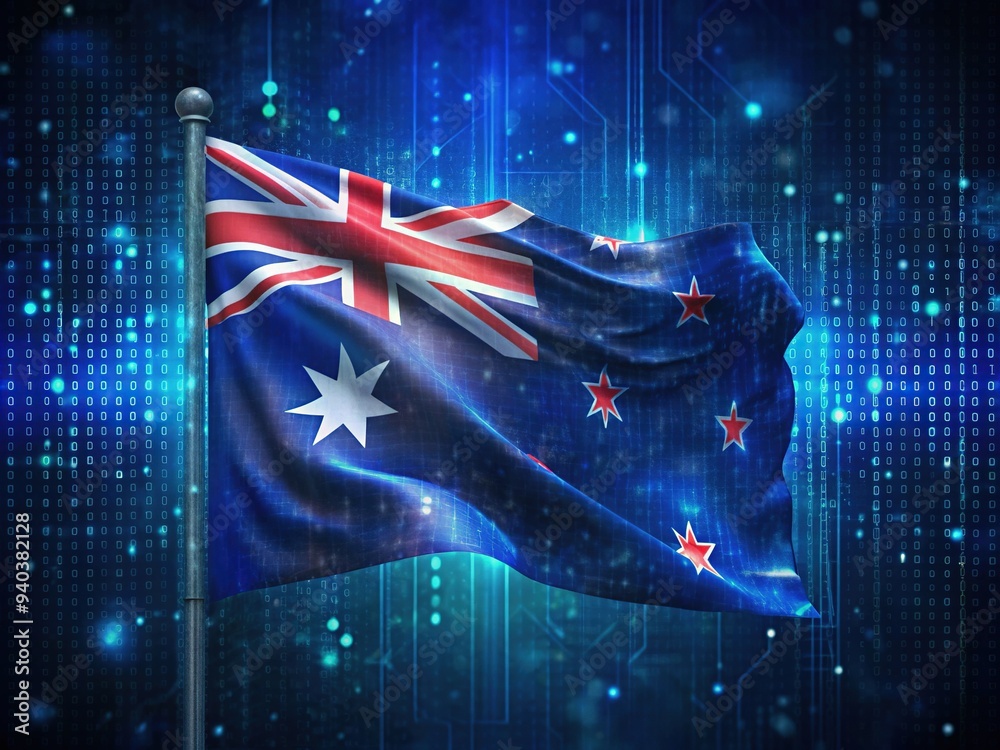 Australian flag waving in front of a glowing computer screen displaying ...