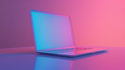 Poster - Modern laptop with vibrant gradient pink and blue holographic lights in a minimal office surrealism concept, ideal for futuristic technology, creative workspaces, and digital innovation backgrounds