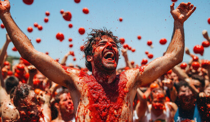 Wall Mural - the Tomatina festival in Spain, where people throw tomatoes at each other with excitement and joy.