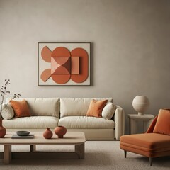 A minimalist, modern living room interior, light muted tones, beige couch, abstract geometric sculpture in warm terracotta hues on the wall, bright orange lounge chair, wood and glass coffee table, na